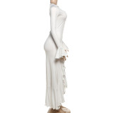 Women Summer Sexy Solid Long Sleeve V-neck Ruffled Slit Dress