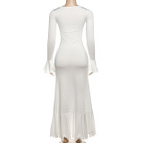 Women Summer Sexy Solid Long Sleeve V-neck Ruffled Slit Dress
