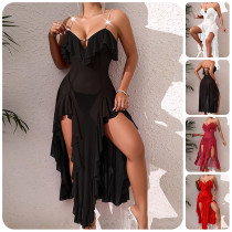 Mesh Deep V Back Lace-Up Nightgown High Slit Asymmetrical Pearl Embellished Loungewear