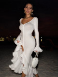 Women Summer Sexy Solid Long Sleeve V-neck Ruffled Slit Dress