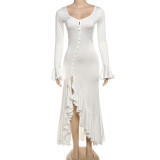 Women Summer Sexy Solid Long Sleeve V-neck Ruffled Slit Dress
