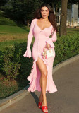 Women Summer Sexy Solid Long Sleeve V-neck Ruffled Slit Dress