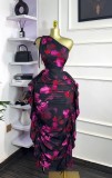 One-Shoulder Slash Neck Floral Tie-Front Ruffle Bodycon Dress