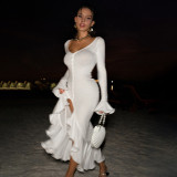 Women Summer Sexy Solid Long Sleeve V-neck Ruffled Slit Dress