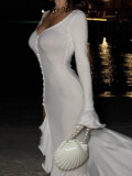 Women Summer Sexy Solid Long Sleeve V-neck Ruffled Slit Dress