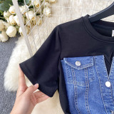 Round Neck Short Sleeve Patchwork Denim Dress Slim Waist Fake Two-Piece Long Dress