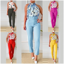 Spring Print Fashion Casual Elegant Sleeveless Two Piece Pants Suit