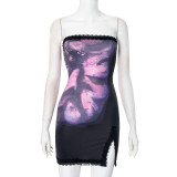 Women Spring and Summer Strapless Floral Print Lace Slit Bodycon Dress