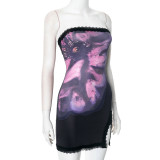 Women Spring and Summer Strapless Floral Print Lace Slit Bodycon Dress