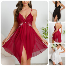 Lace Strappy Nightgown with Pearl Details See-Through Mesh Sexy Sleepwear