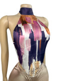 Women's Fashion Satin Halter Neck High-Neck Print Lace-Up Top & Shorts Set