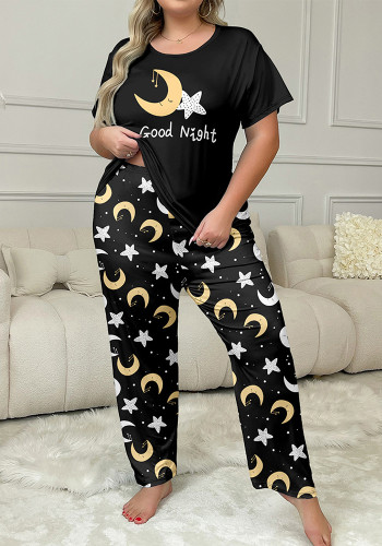 Casual Star & Moon Print Plus Size Pajama Set for Women