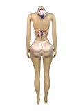 Women's Fashion Satin Halter Neck High-Neck Print Lace-Up Top & Shorts Set