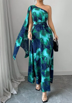 Summer Women’s Fashion Gradient Print Asymmetric Neck Long Dress