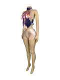 Women's Fashion Satin Halter Neck High-Neck Print Lace-Up Top & Shorts Set