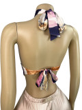 Women's Fashion Satin Halter Neck High-Neck Print Lace-Up Top & Shorts Set