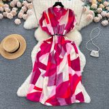 V-Neck Printed Summer Belt Slim Waist Loose Shirt Dress