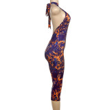 Sexy Printed Halter Blackless Slim Tight Jumpsuit