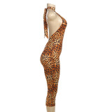 Sexy Printed Halter Blackless Slim Tight Jumpsuit