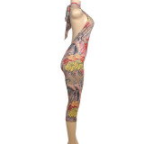Sexy Printed Halter Blackless Slim Tight Jumpsuit