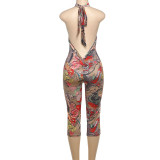 Sexy Printed Halter Blackless Slim Tight Jumpsuit