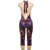 Sexy Printed Halter Blackless Slim Tight Jumpsuit