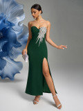 Women V-neck sleeveless Strapless sequins slit Chic dinner dress