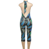 Sexy Printed Halter Blackless Slim Tight Jumpsuit