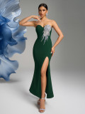 Women V-neck sleeveless Strapless sequins slit Chic dinner dress