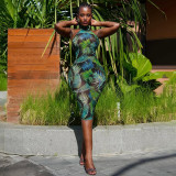 Sexy Printed Halter Blackless Slim Tight Jumpsuit