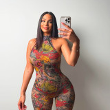 Sexy Printed Halter Blackless Slim Tight Jumpsuit