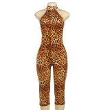 Sexy Printed Halter Blackless Slim Tight Jumpsuit