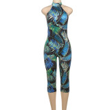 Sexy Printed Halter Blackless Slim Tight Jumpsuit