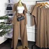 Women's Summer Casual Turndown Collar Loose Short Sleeve Shirt & Wide-Leg Pants Outfit