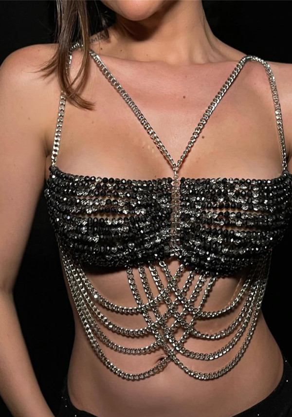 Women Multi-layer Beaded Bra Chain Jewelry Shiny Nightclub Bikini Body Chain Body Chain