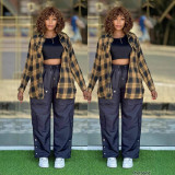 Plus Size Women Casual Plaid Shirt Top Multi-pocket Cargo Pants Three-Piece