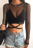 Holidays Mesh Patchwork Cross Lace-Up Cut-Out Cover-Up & See-Through Shorts Crop Top