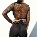 Holidays Mesh Patchwork Cross Lace-Up Cut-Out Cover-Up & See-Through Shorts Crop Top