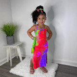 Girls' Knitting Summer Tie-Dye Printed Suspender Dress