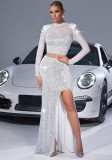 Elegant Women's Pearl-Embellished Long-Sleeve Lace Sheer Top & Long Skirt Set