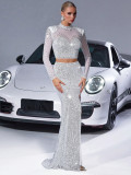 Elegant Women's Pearl-Embellished Long-Sleeve Lace Sheer Top & Long Skirt Set