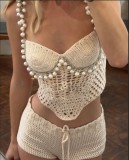 Spring/Summer Sexy Solid Color Crop Strap Beaded Top