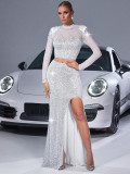 Elegant Women's Pearl-Embellished Long-Sleeve Lace Sheer Top & Long Skirt Set