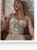 Spring/Summer Sexy Solid Color Crop Strap Beaded Top