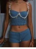 Spring/Summer Sexy Solid Color Crop Strap Beaded Top