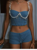 Spring/Summer Sexy Solid Color Crop Strap Beaded Top
