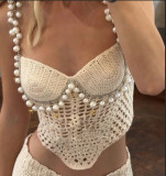 Spring/Summer Sexy Solid Color Crop Strap Beaded Top