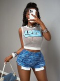 Fashion Digital Print See-Through Cut-Out Round Neck Embroidered Crop Vest