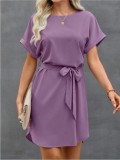 Women Lace-up Waist Short Sleeve Dress