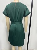 Women Lace-up Waist Short Sleeve Dress